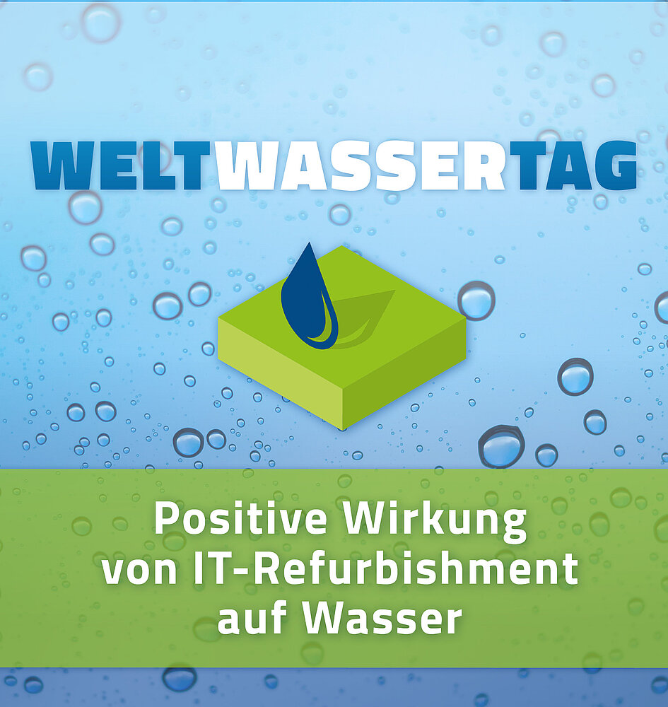 Blaue Grafik mit Wasserblasen und einem Symbol für Wasser, ein Tropfen auf einem grünen Untergrund. Text: "Positive Wirkung von IT-Refurbishment auf Wasser". 