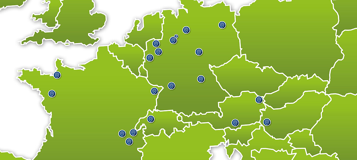 Green map of Central Europe with blue markers for AfB locations in Germany, France, Switzerland, Austria and Slovakia.