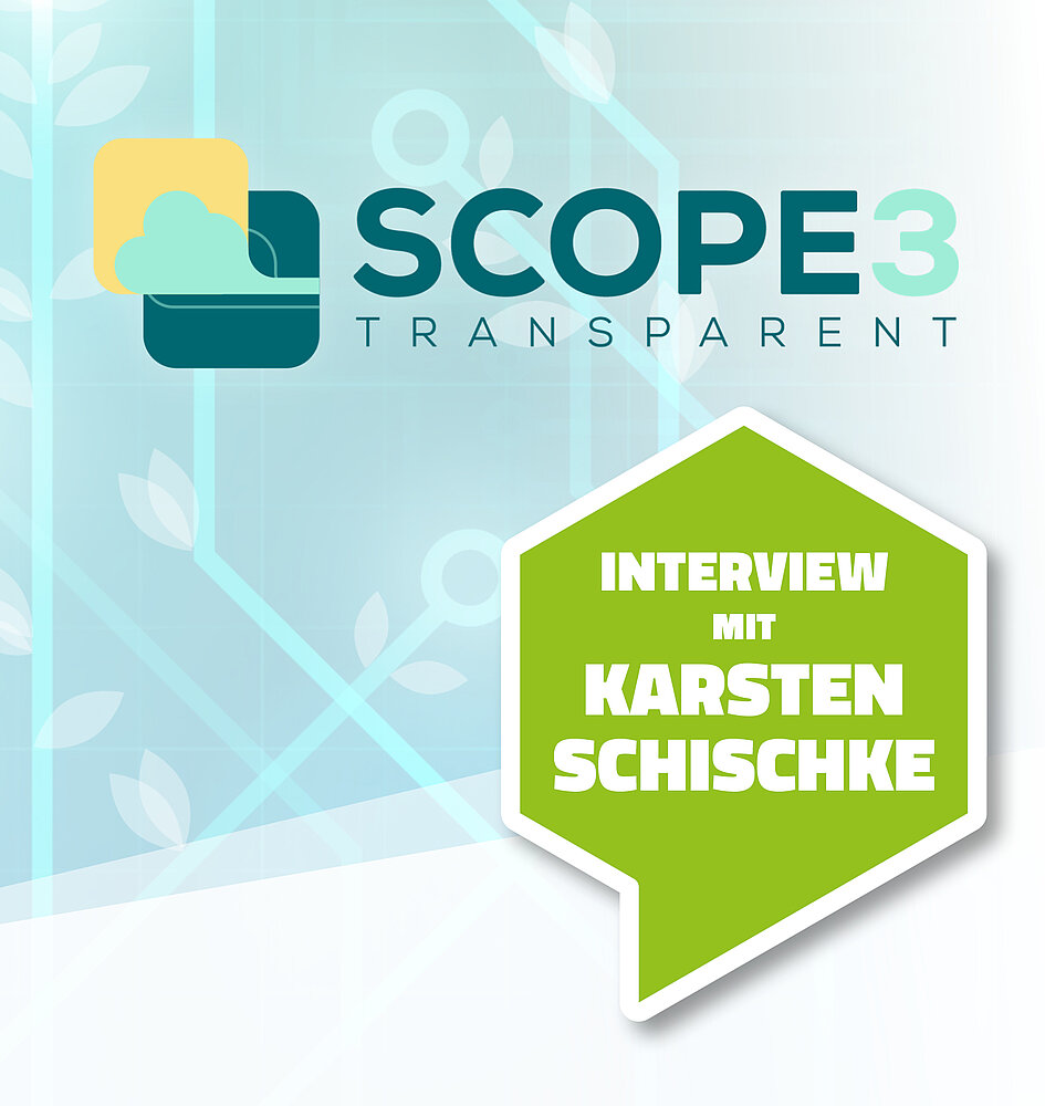 Grafik mit dem Logo des Projekte "Scope3transparent". Schrift: "Interview mit Karsten Schischke"