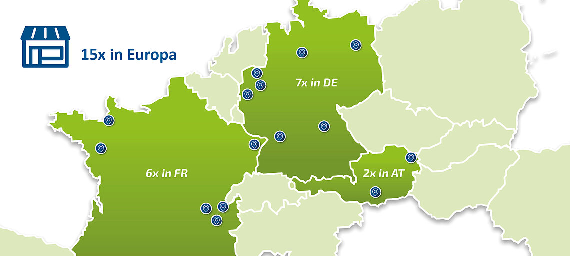Green map of Central Europe with blue markers for AfB shops in Germany, France, Switzerland, Austria and Slovakia.