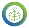 Icon von einem grünen Paket mit Glühbirne in einem weißen Kreis mit grün-blauem Rand.