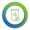 Icon von einem grünen Mülleimer in einem weißen Kreis mit grün-blauem Rand.