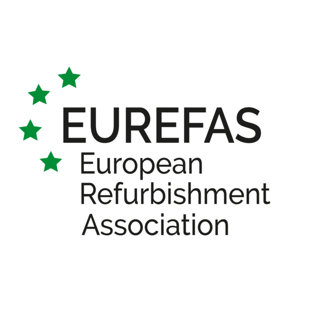 Logo von Eurefas. Vier grüne Sterne. Text: EUREFAS European Refurbishment Association
