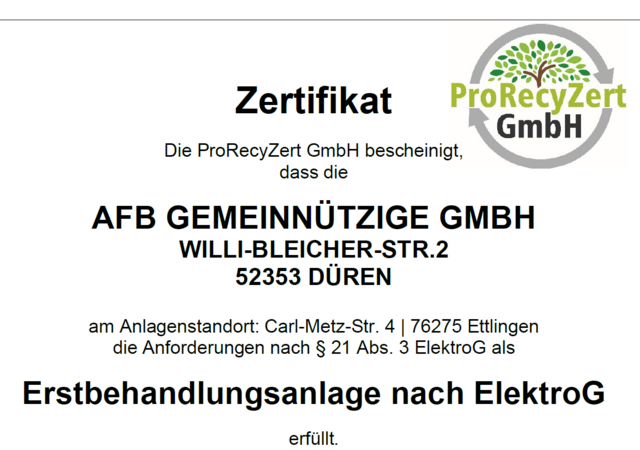 Screenshot des Zertifikats von AfB als Erstbehandlungsanlage nach ElektroG.
